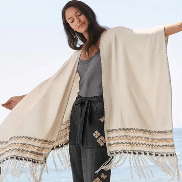 Johnny Was Biya Cream ARO Linen Open Front Poncho